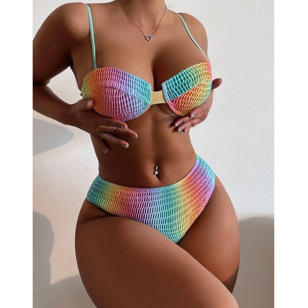 SHEIN Bikini Set Large Rainbow Smocked High‎ Waist Push Up Underwire New